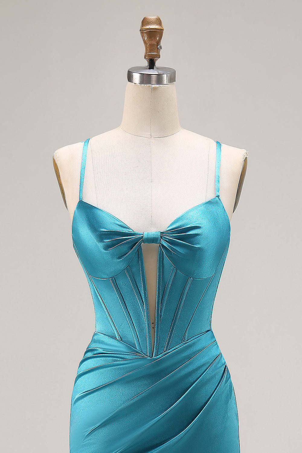 Peacock Blue Satin Corset Mermaid Maxi Prom Dress with Slit