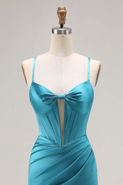 Peacock Blue Satin Corset Mermaid Maxi Prom Dress with Slit