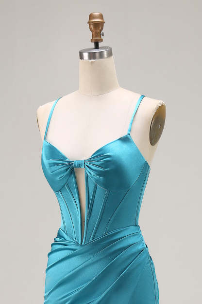 Peacock Blue Satin Corset Mermaid Maxi Prom Dress with Slit