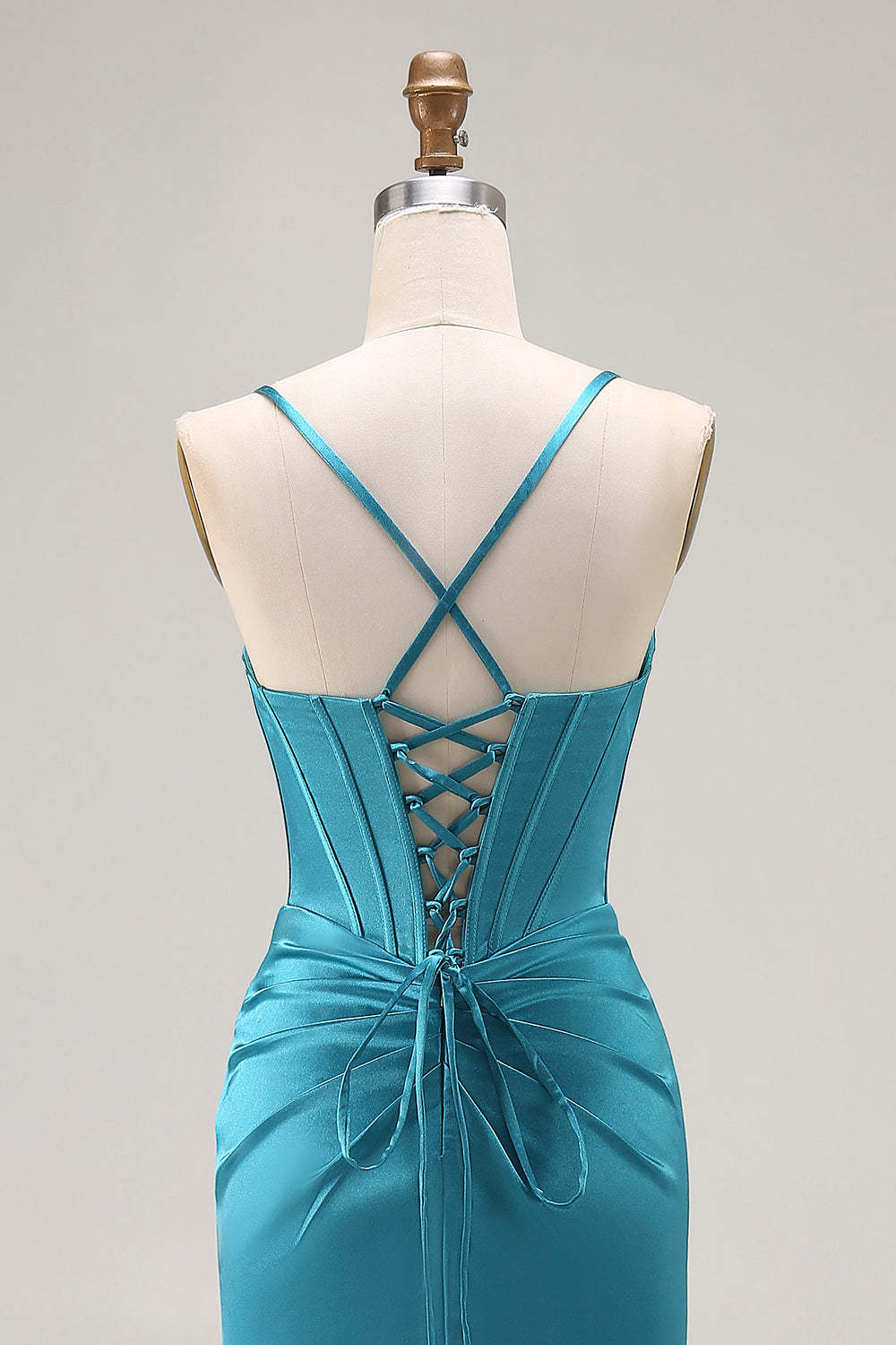 Peacock Blue Satin Corset Mermaid Maxi Prom Dress with Slit