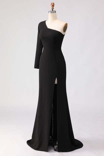 Black Sheath One Shoulder Long Mother of the Bride Dress with Slit