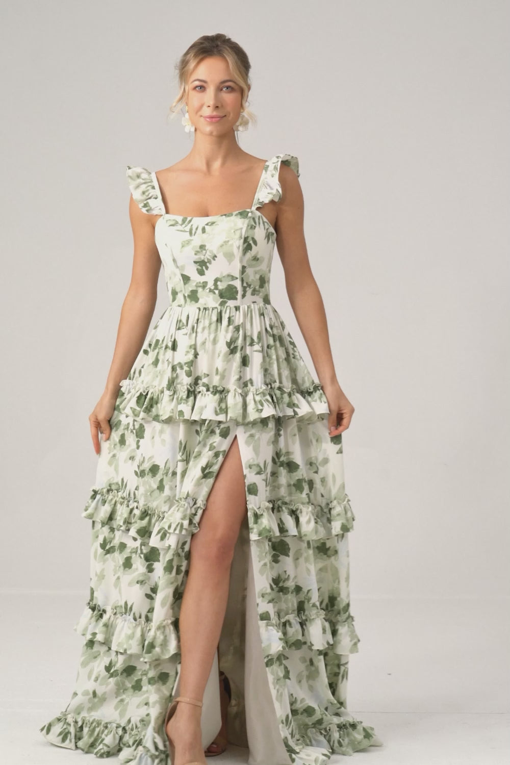 Green Floral Ruffles Tiered Floral Bridesmaid Dress with Slit