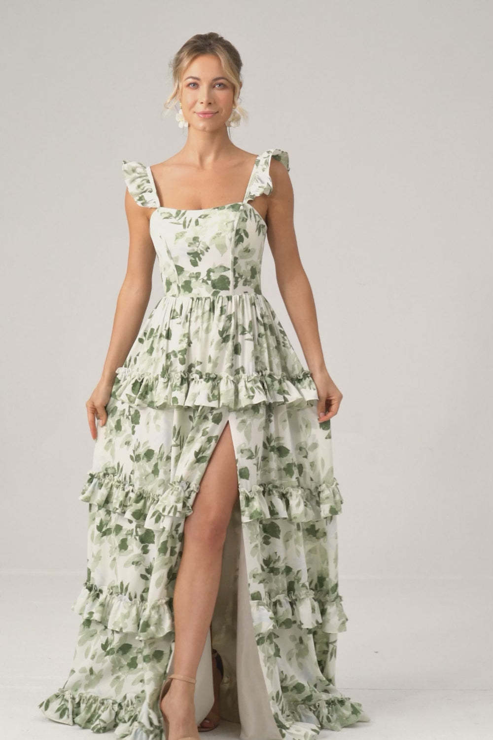 Green Floral Ruffles Tiered Floral Bridesmaid Dress with Slit