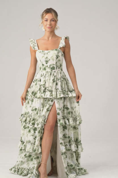 Green Floral Ruffles Tiered Floral Bridesmaid Dress with Slit
