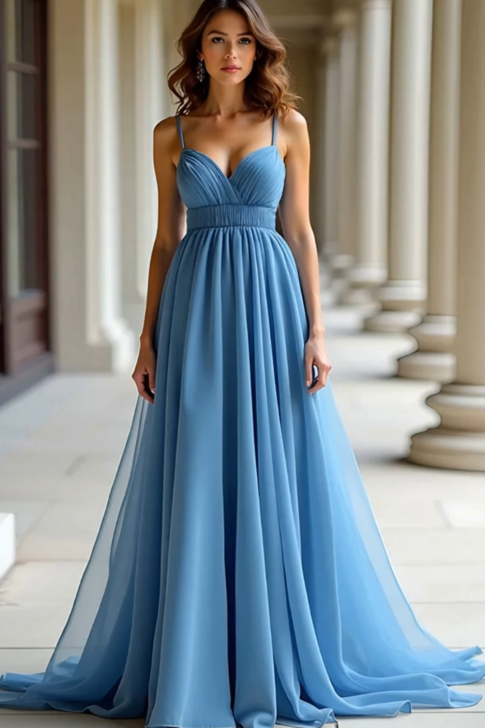 Blue Spaghetti Straps Pleated A Line Organza Prom Dress