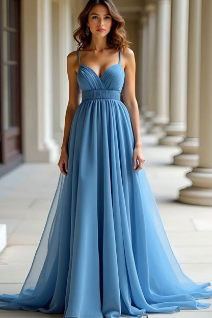 Blue Spaghetti Straps Pleated A Line Organza Prom Dress