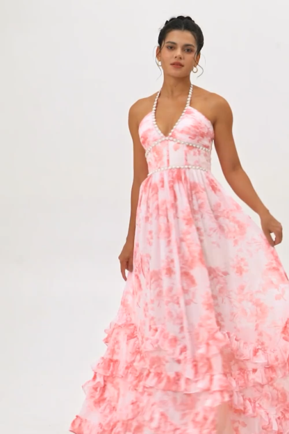 Blush Floral Printed Ruffled Corset Pearls Maxi Bridesmaid Dress with Slit