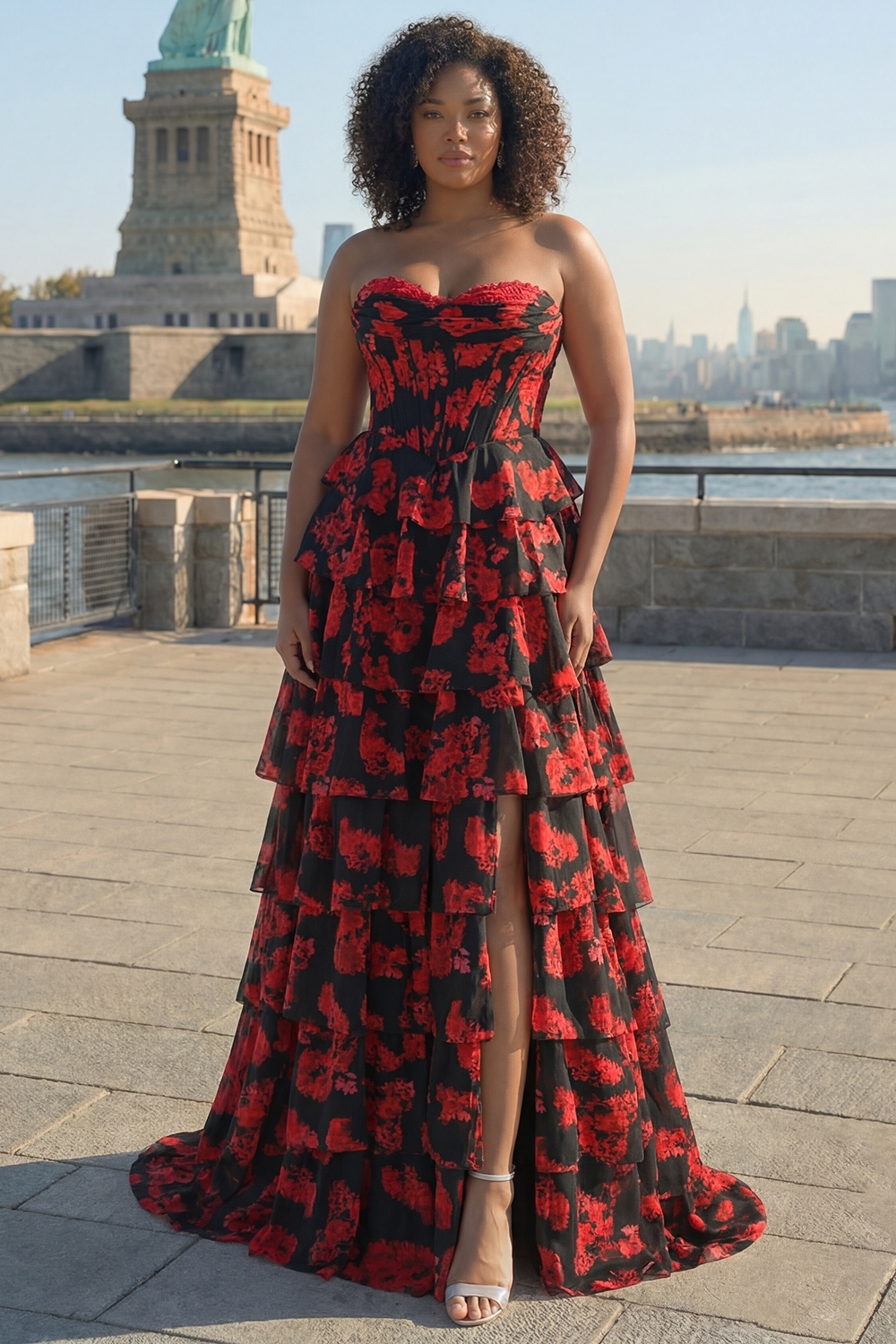 Black and Red Floral Strapless Ruffled Long Corset Prom Dress with Slit