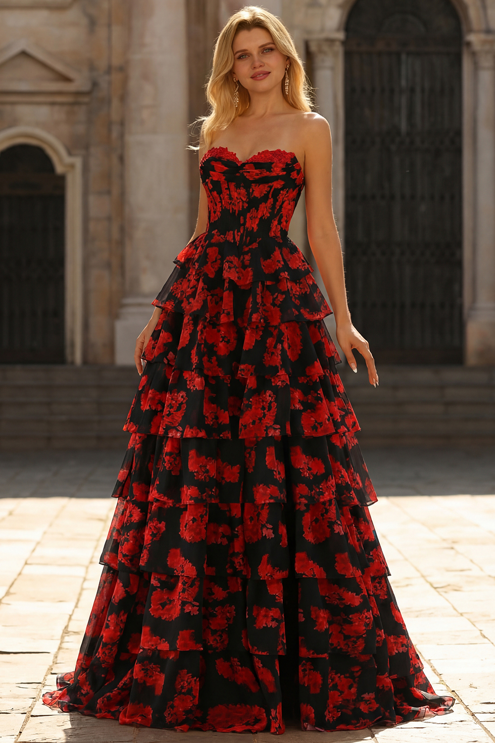 Black and Red Floral Strapless Ruffled Long Corset Prom Dress with Slit
