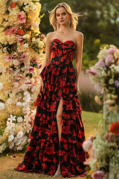 Black and Red Floral Strapless Ruffled Long Corset Prom Dress with Slit