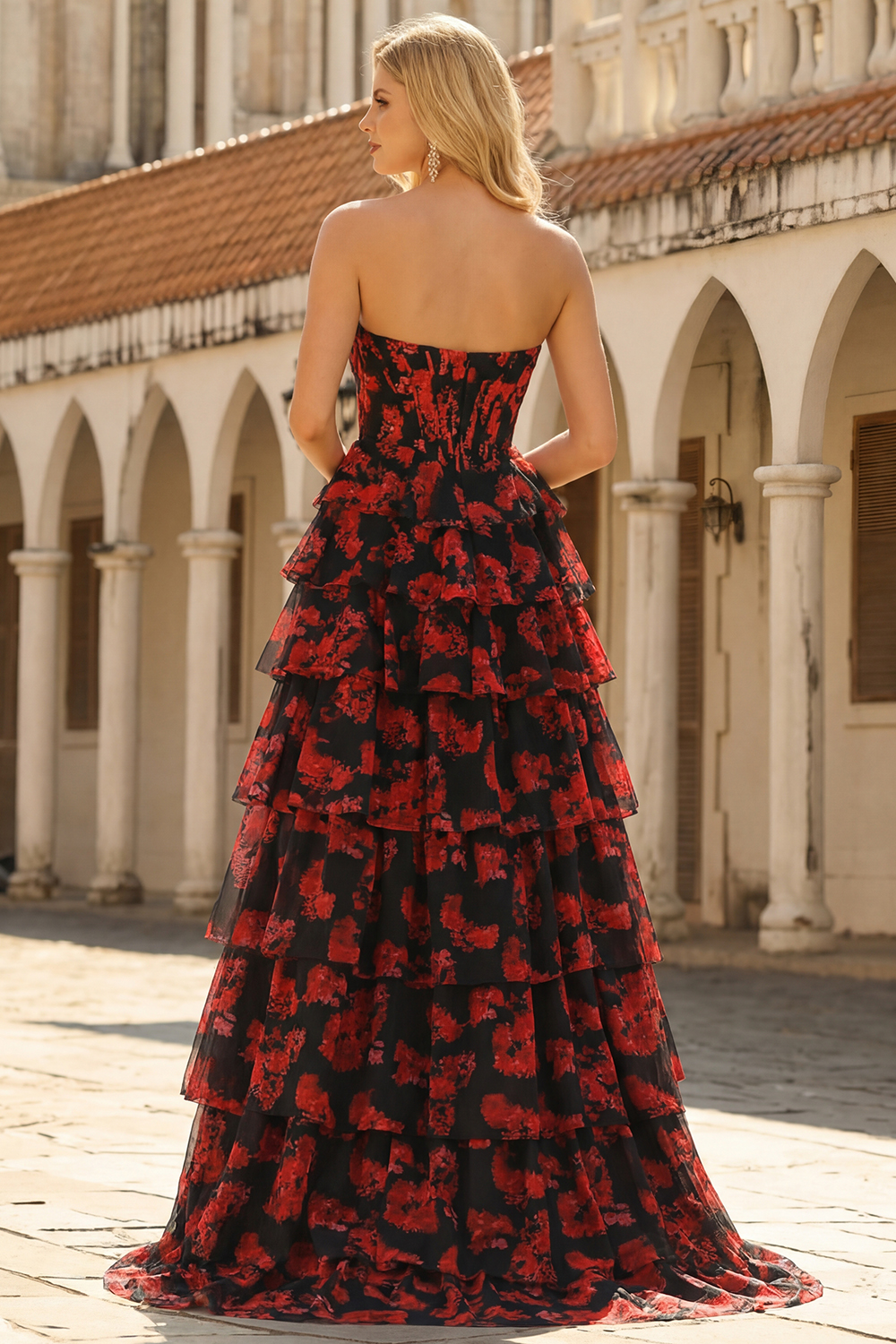 Black and Red Floral Strapless Ruffled Long Corset Prom Dress with Slit