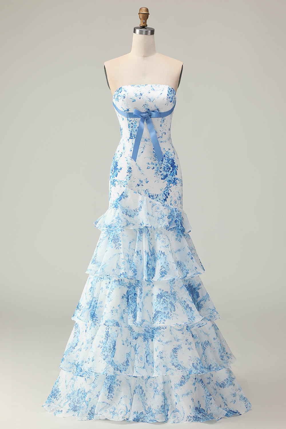 Blue and White Strapless Floral Ruffled Mermaid Long Prom Dress