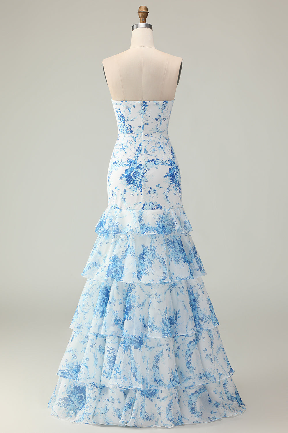 Blue and White Strapless Floral Ruffled Mermaid Long Prom Dress