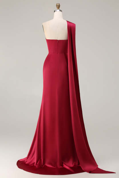 Burgundy Mermaid Neck Scarf Ruched Satin Long Prom Dress