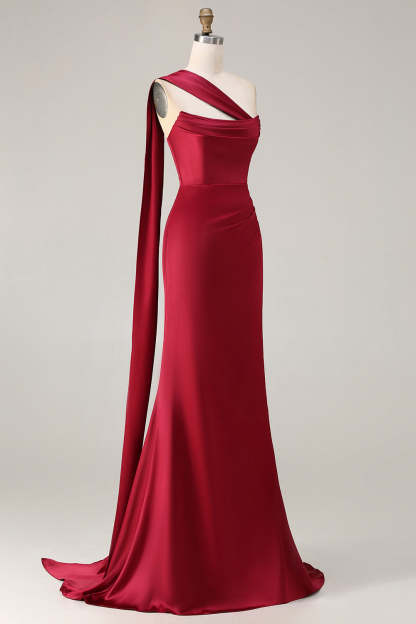 Burgundy Mermaid Neck Scarf Ruched Satin Long Prom Dress