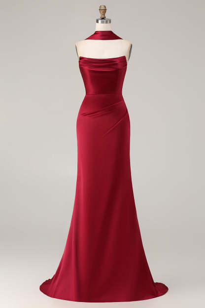 Burgundy Mermaid Neck Scarf Ruched Satin Long Prom Dress