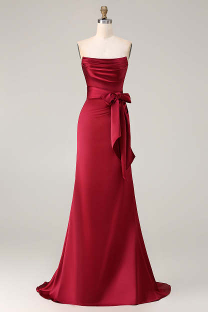 Burgundy Mermaid Neck Scarf Ruched Satin Long Prom Dress