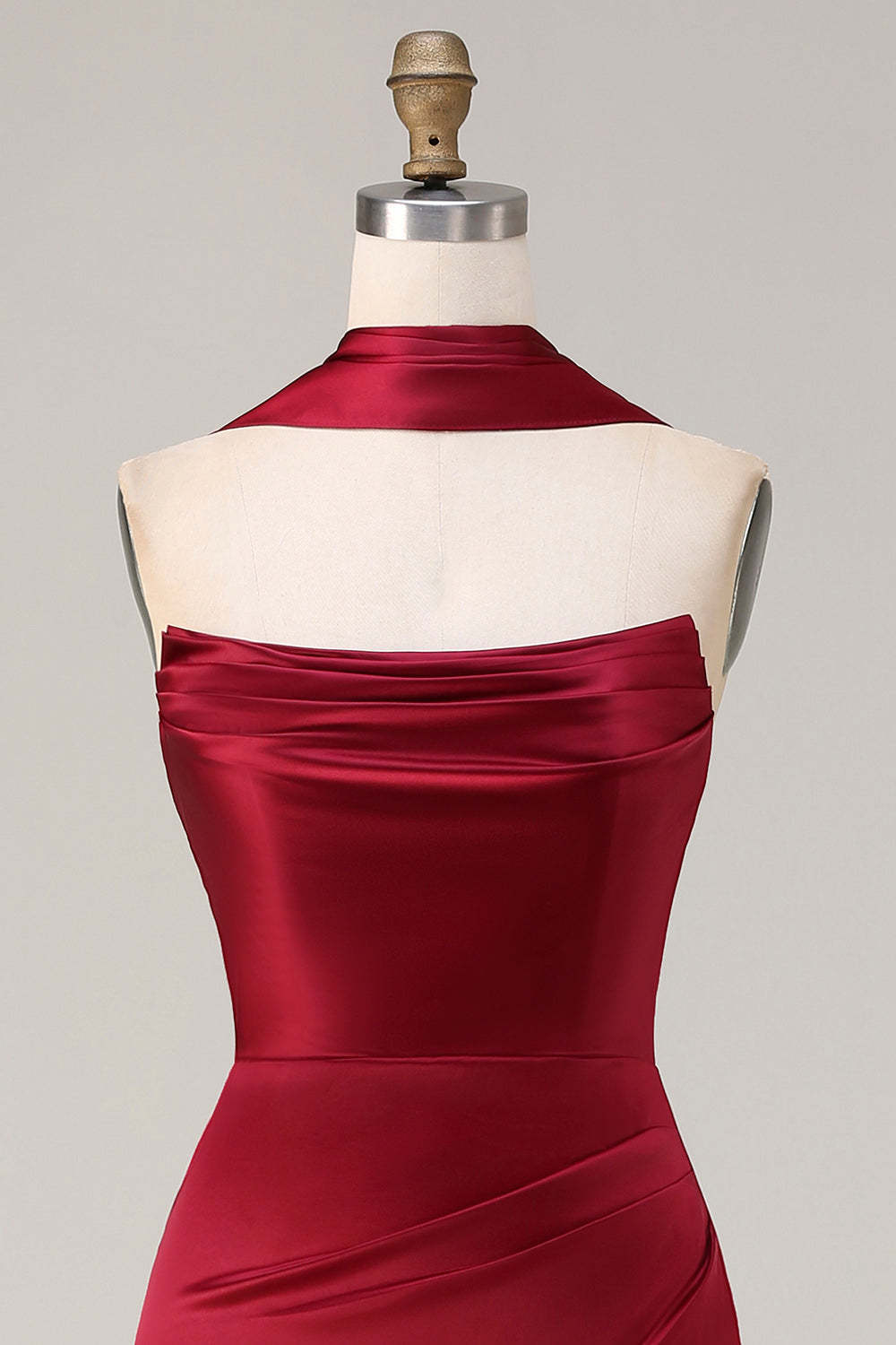 Burgundy Mermaid Neck Scarf Ruched Satin Long Prom Dress