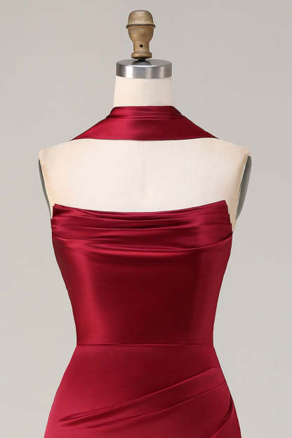 Burgundy Mermaid Neck Scarf Ruched Satin Long Prom Dress