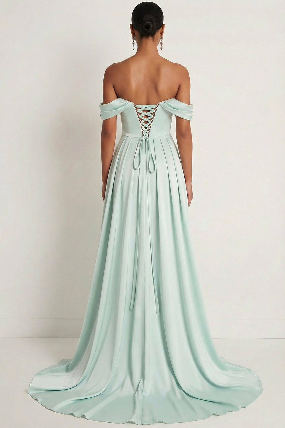 Light Green A Line Satin Pleated Long Bridesmaid Dress with Slit