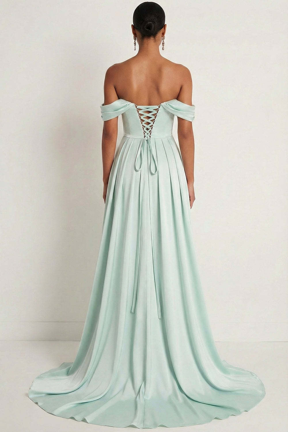 Light Green A Line Satin Pleated Long Bridesmaid Dress with Slit