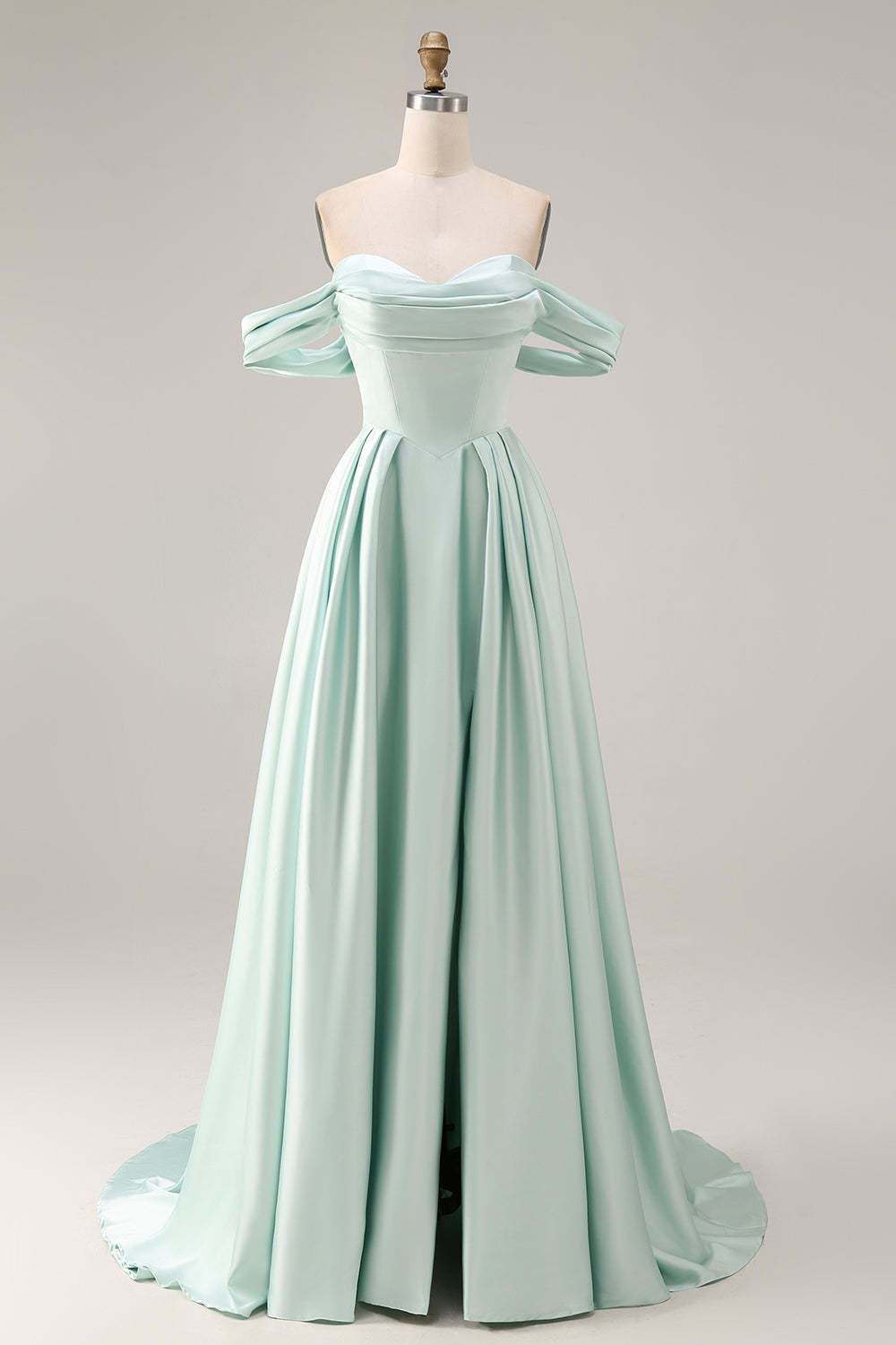 Light Green A Line Satin Pleated Long Bridesmaid Dress with Slit