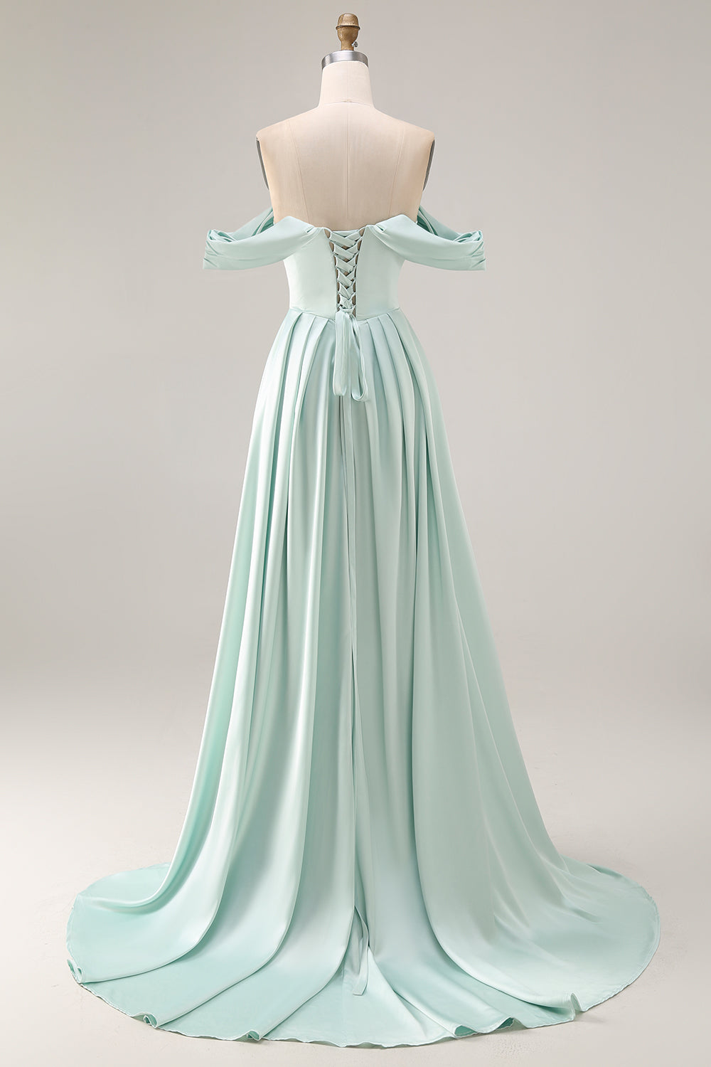 Light Green A Line Satin Pleated Long Bridesmaid Dress with Slit