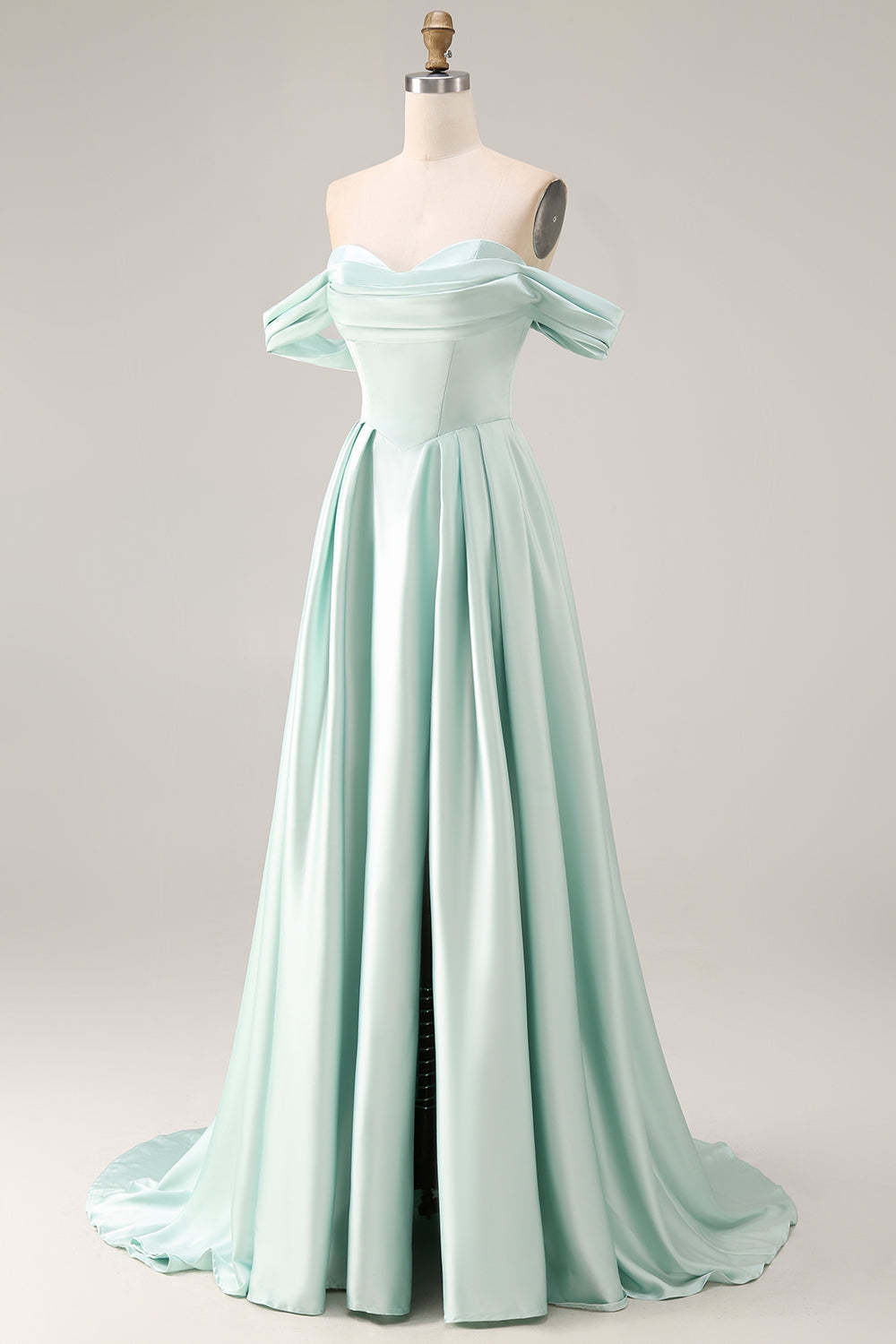 Light Green A Line Satin Pleated Long Bridesmaid Dress with Slit