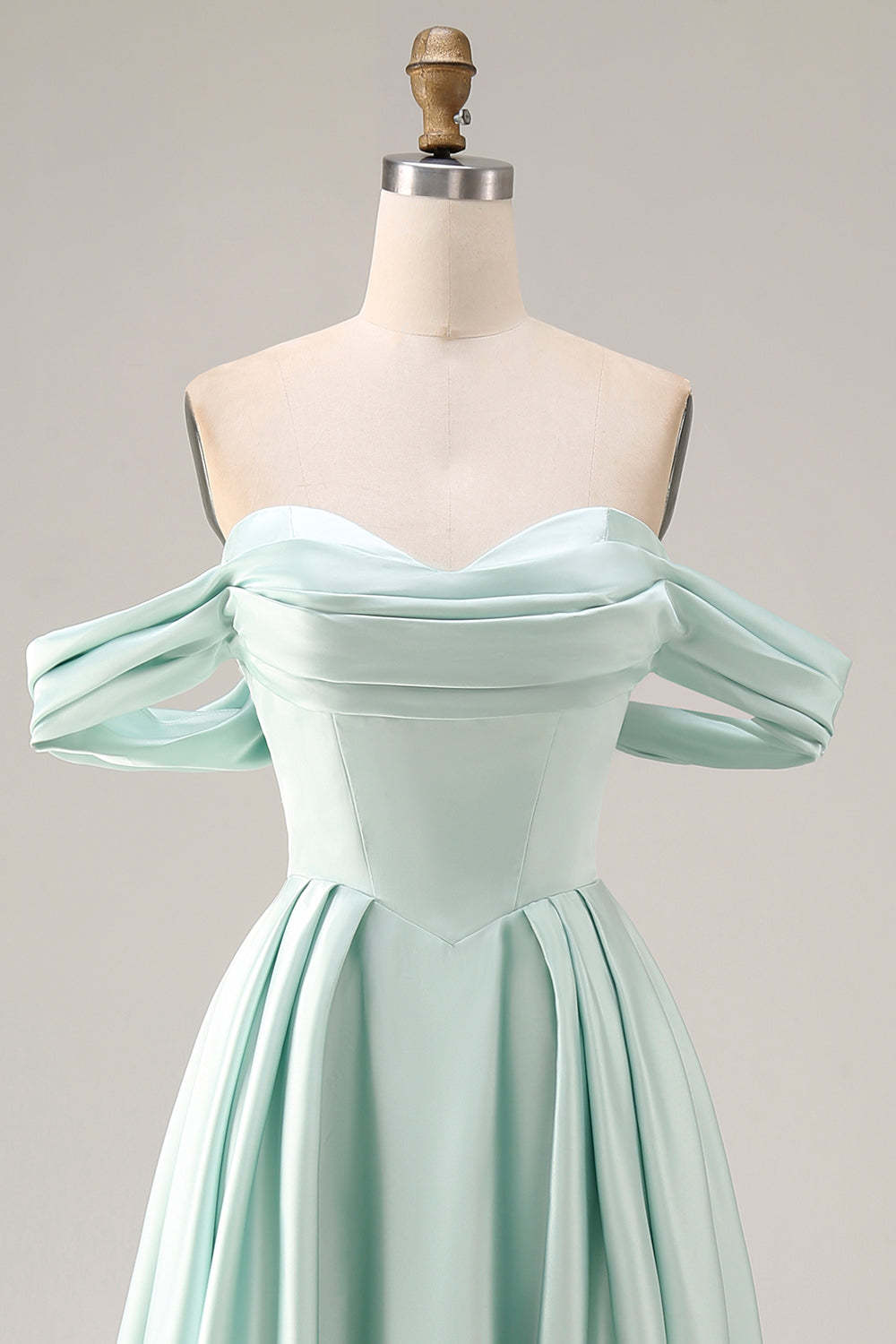 Light Green A Line Satin Pleated Long Bridesmaid Dress with Slit