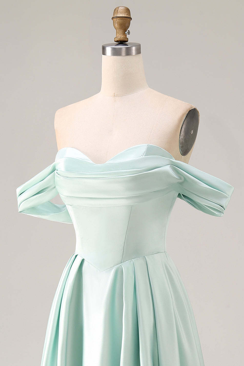 Light Green A Line Satin Pleated Long Bridesmaid Dress with Slit