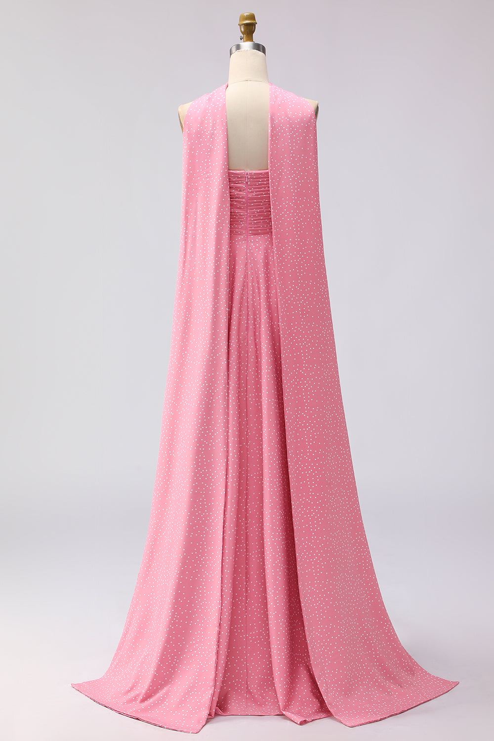 Pink and White Polka Dots Neck Scarf A Line Long Bridesmaid Dress