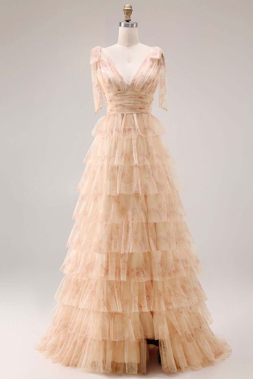 Champagne Floral Tiered A-Line Long Tulle Prom Dress with Slit