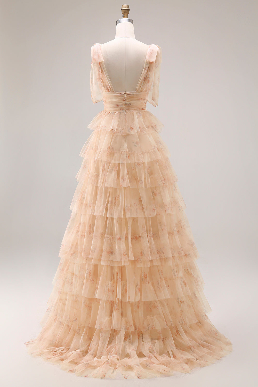 Champagne Floral Tiered A-Line Long Tulle Prom Dress with Slit