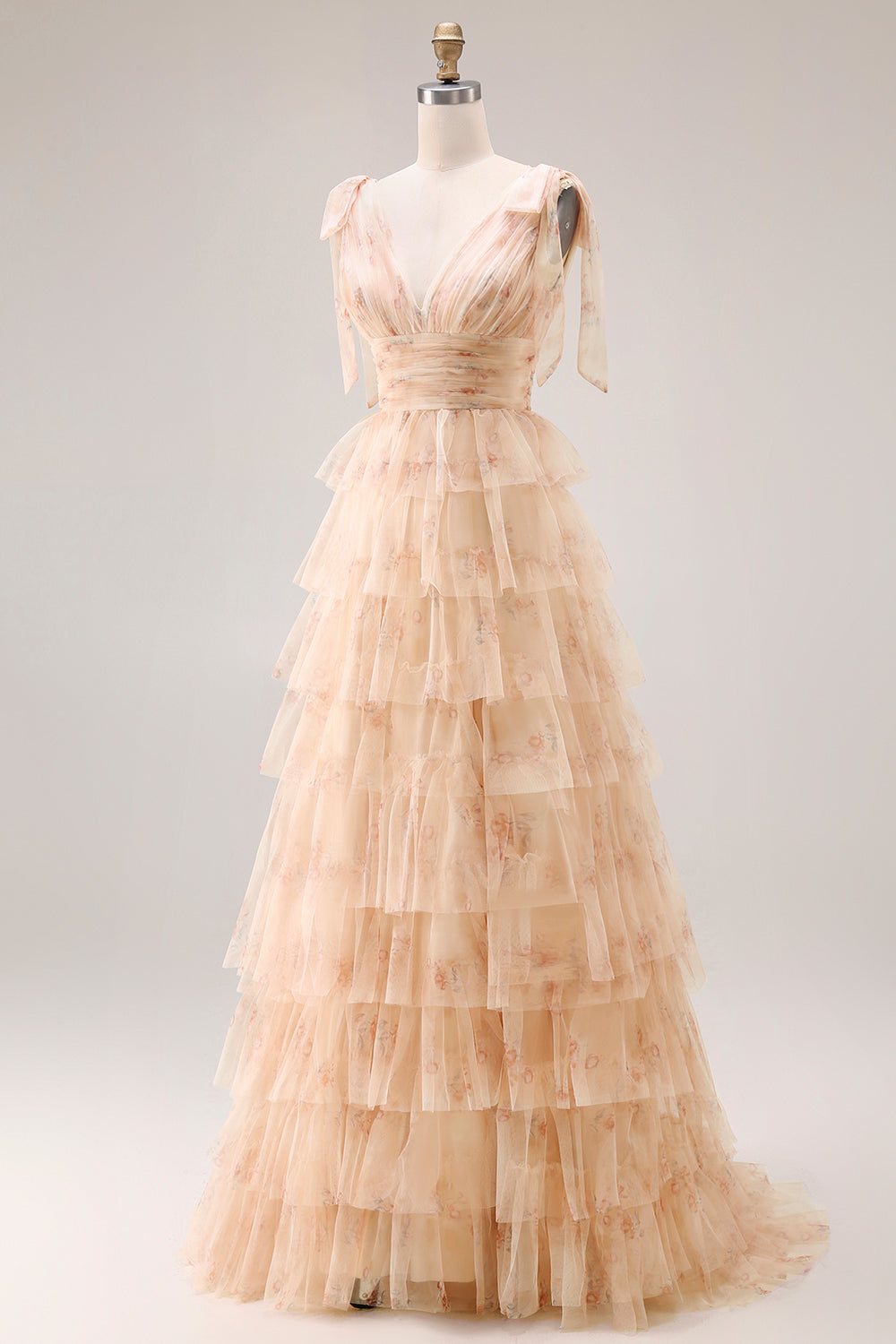Champagne Floral Tiered A-Line Long Tulle Prom Dress with Slit