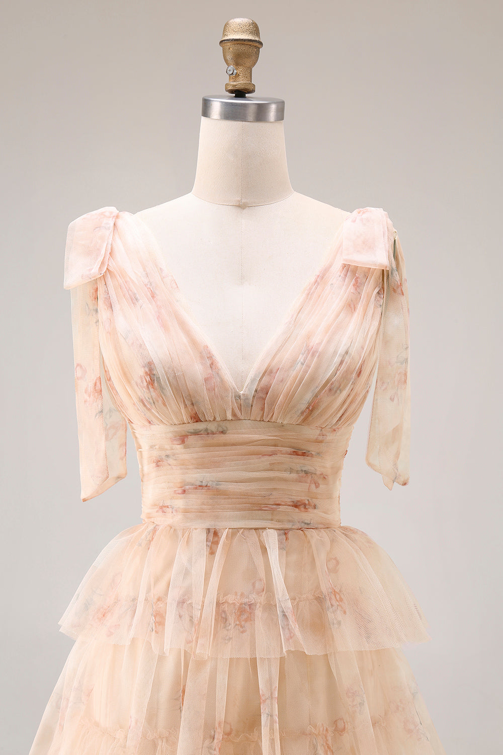 Champagne Floral Tiered A-Line Long Tulle Prom Dress with Slit