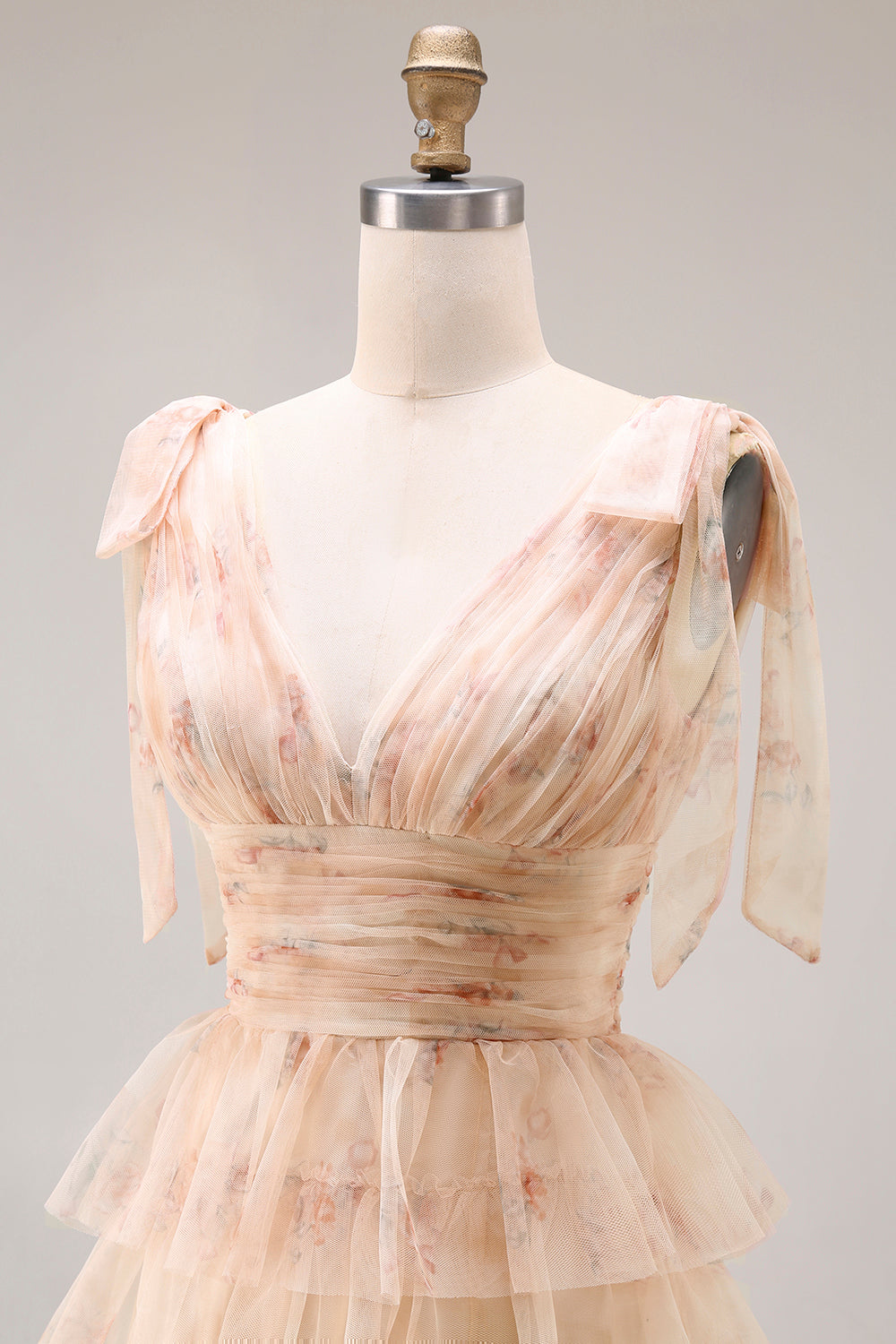 Champagne Floral Tiered A-Line Long Tulle Prom Dress with Slit