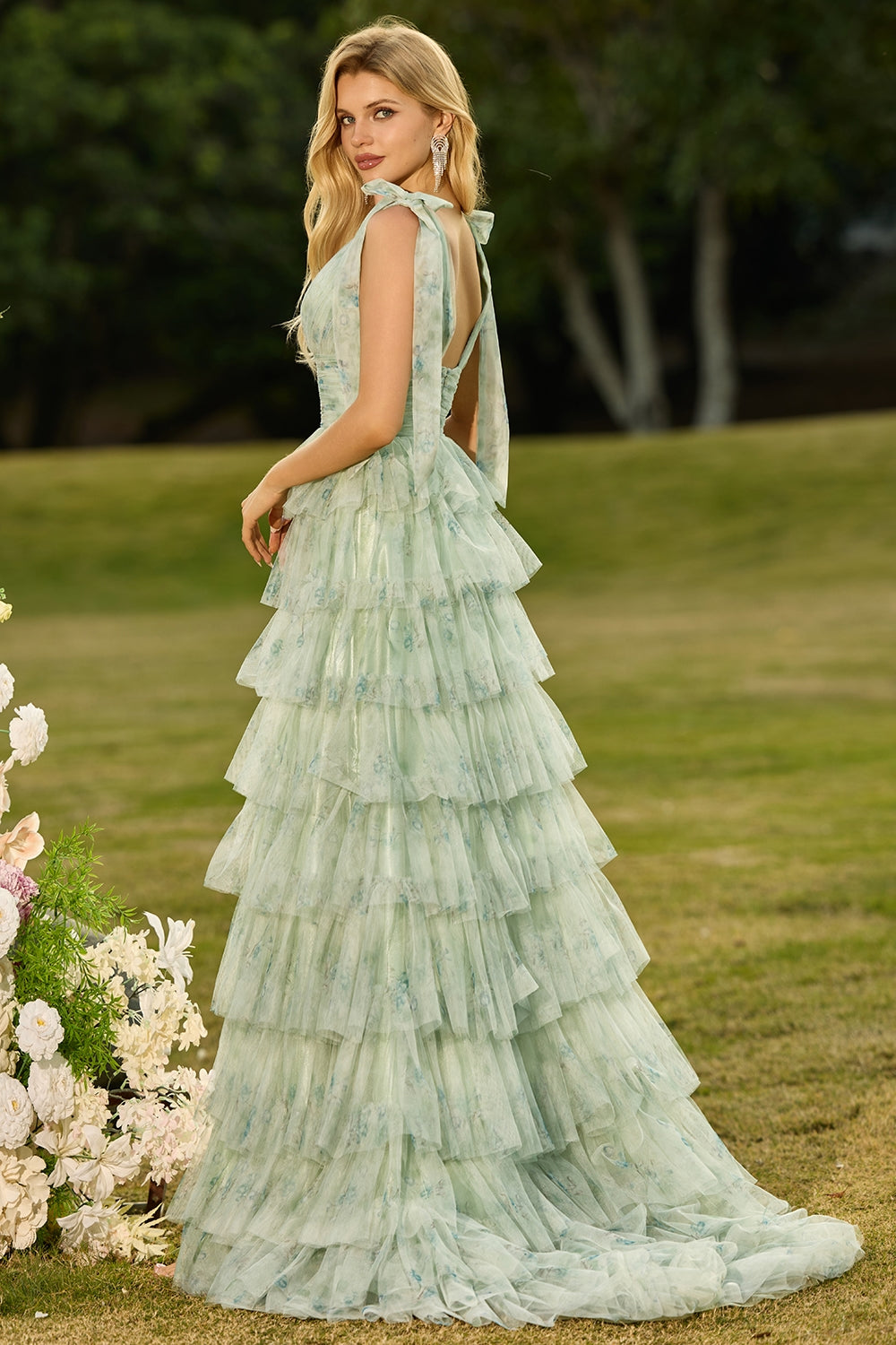 Champagne Floral Tiered A-Line Long Tulle Prom Dress with Slit