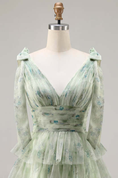 Champagne Floral Tiered A-Line Long Tulle Prom Dress with Slit