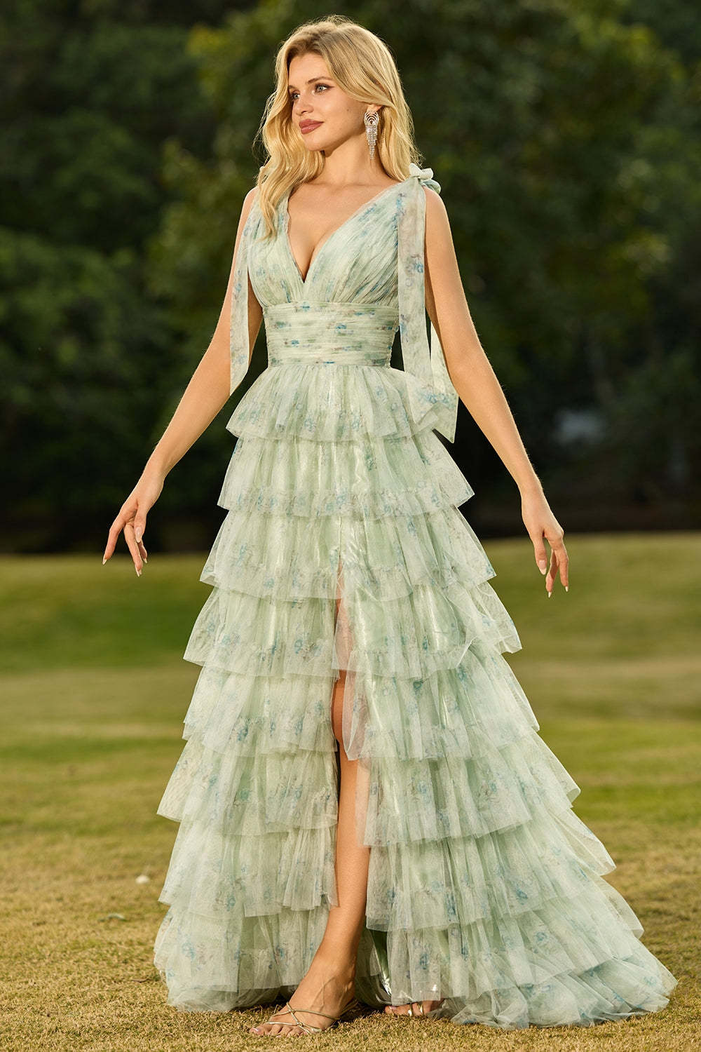 Floral Green Ruffled Tulle Tiered A Line Maxi Prom Dress with Slit