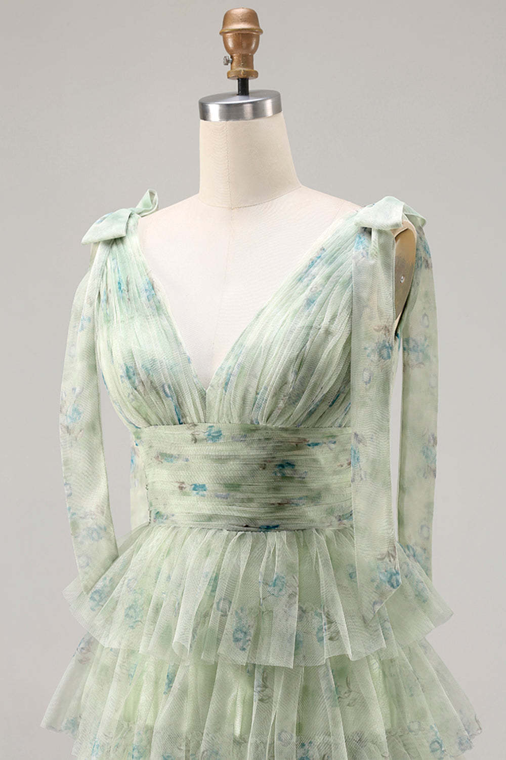 Champagne Floral Tiered A-Line Long Tulle Prom Dress with Slit