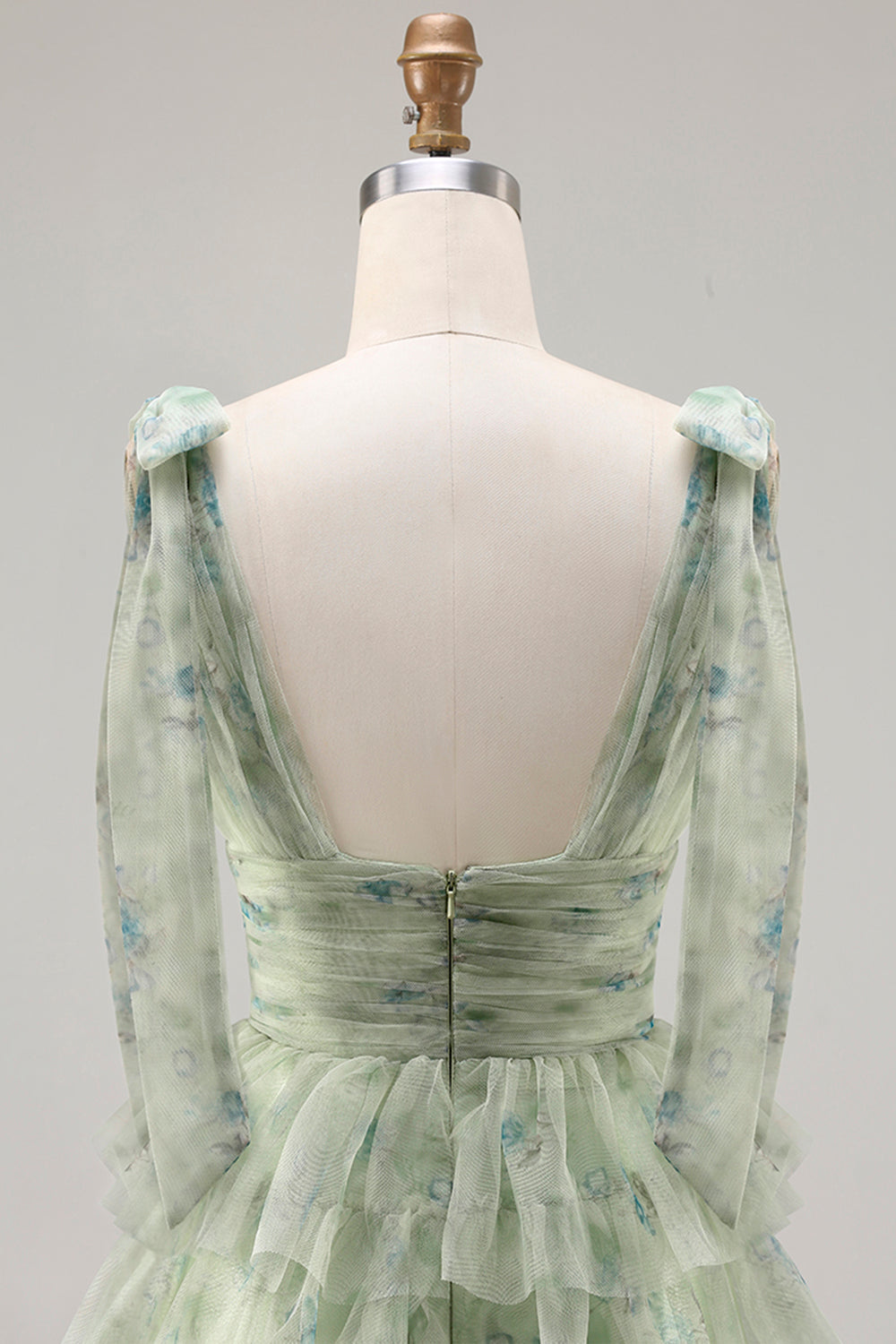 Champagne Floral Tiered A-Line Long Tulle Prom Dress with Slit