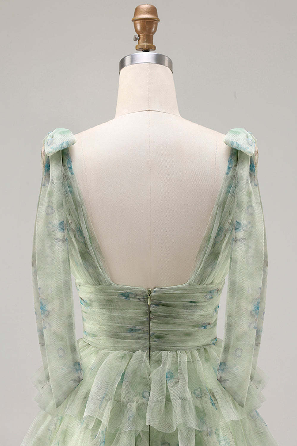 Champagne Floral Tiered A-Line Long Tulle Prom Dress with Slit