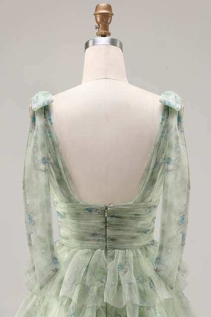 Champagne Floral Tiered A-Line Long Tulle Prom Dress with Slit