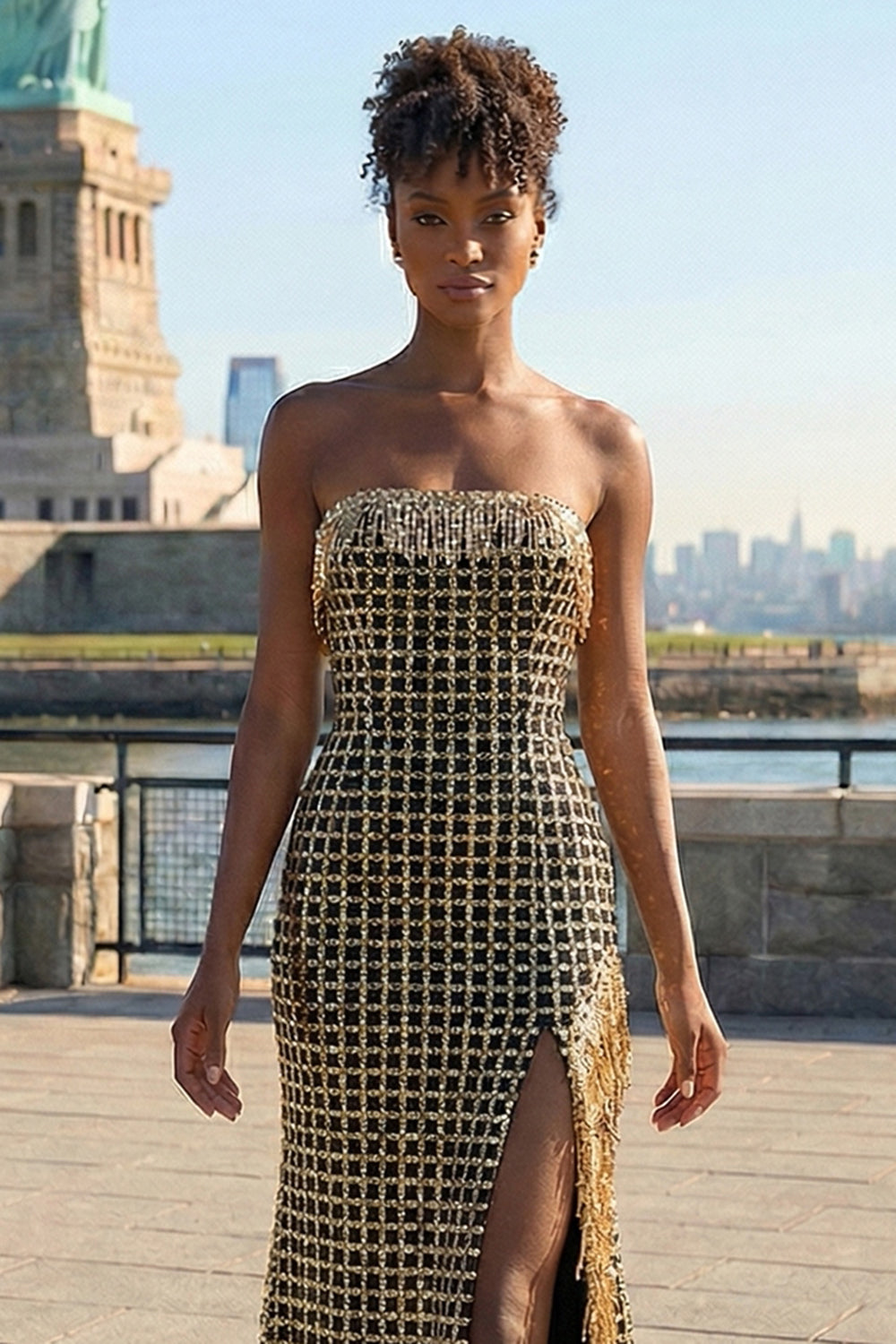 Sparkly Black and Golden Strapless Maxi Prom Dress with Slit