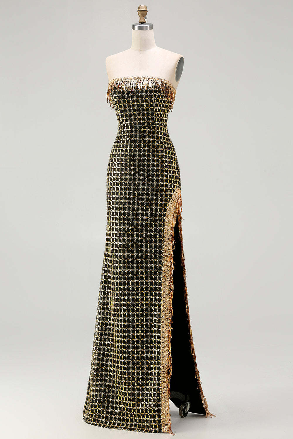 Black and Golden Strapless Mermaid Beaded Long Prom Dress with Slit