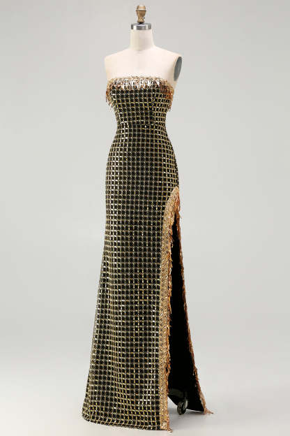 Black and Golden Strapless Mermaid Beaded Long Prom Dress with Slit