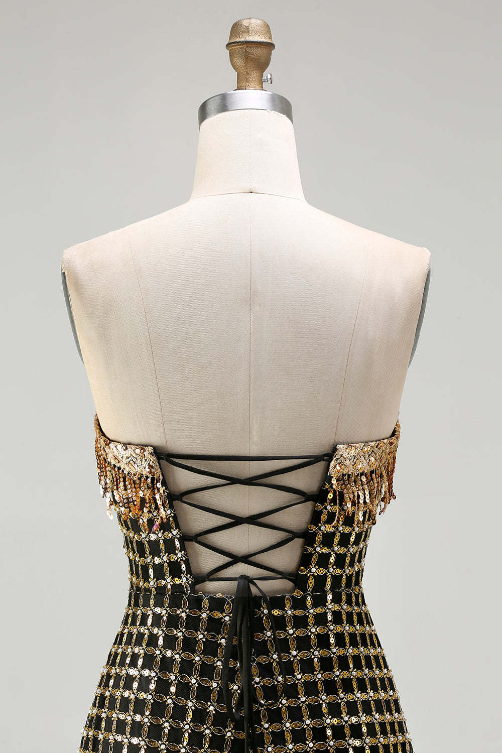 Black and Golden Strapless Mermaid Beaded Long Prom Dress with Slit