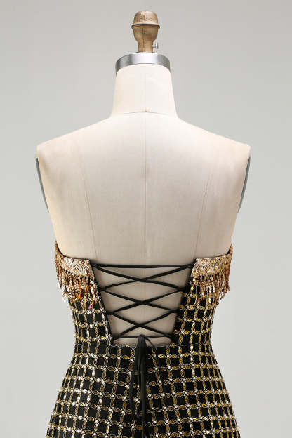 Black and Golden Strapless Mermaid Beaded Long Prom Dress with Slit