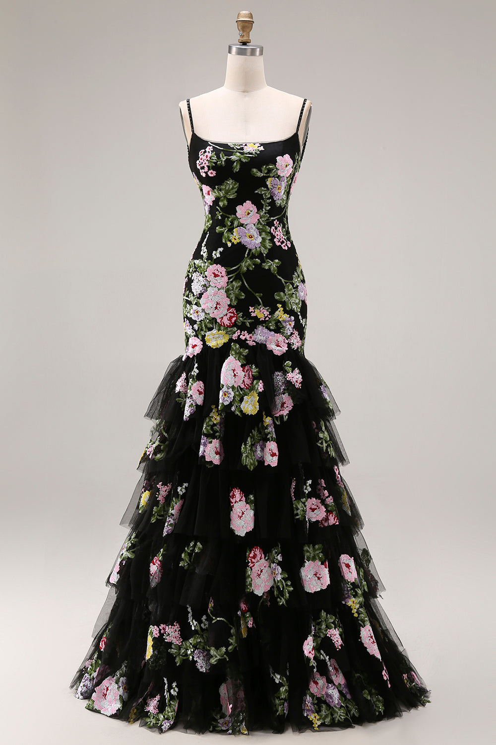 Floral Black and Pink Mermaid Long Ruffled Spaghetti Straps Prom Dress