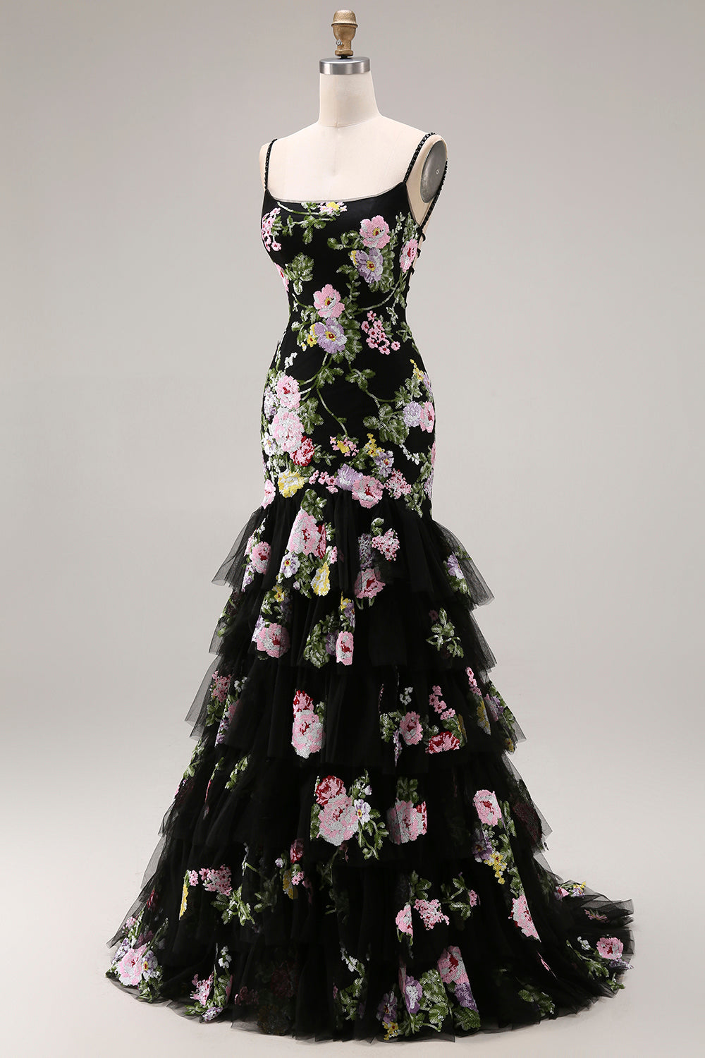 Floral Black and Pink Mermaid Long Ruffled Spaghetti Straps Prom Dress